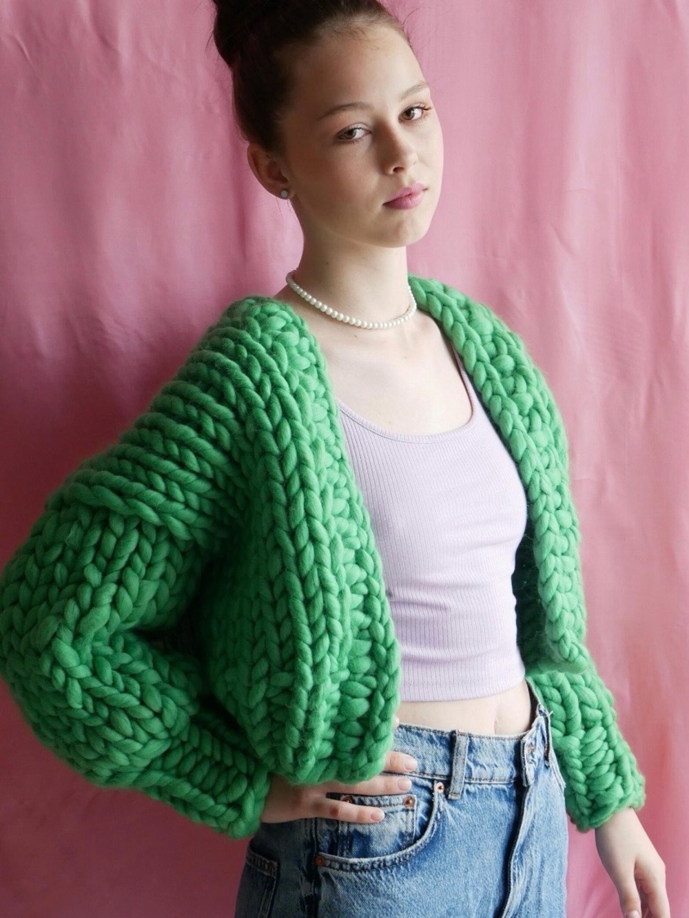 Chunky hand Knit Green Sweater size m/l